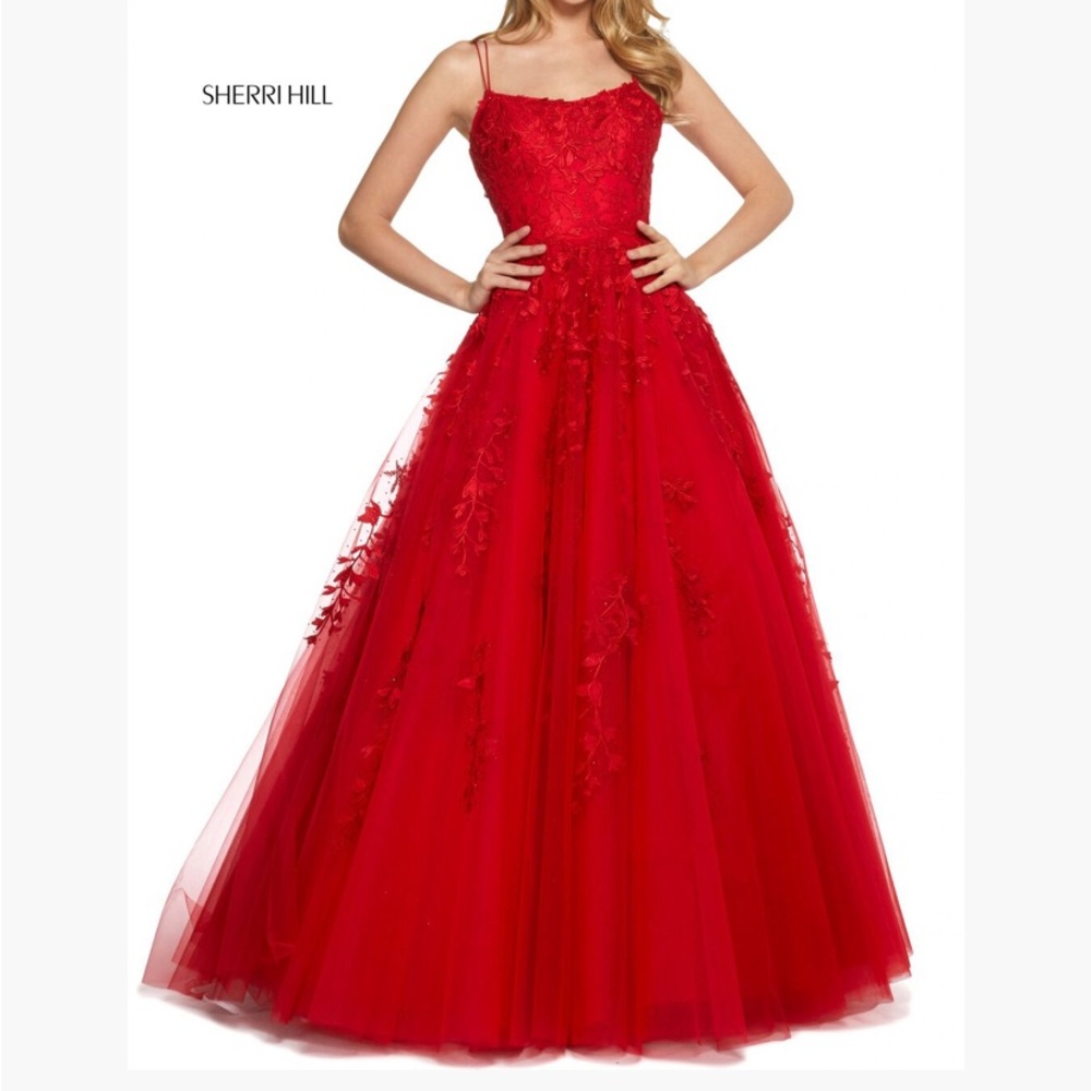 Sherri Hill Red Ball Gown with Floral Appliqué
